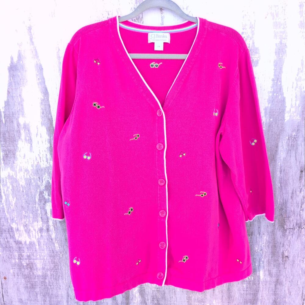Vintage C. J. Banks Cardigan Beachy GrannyCore GrandmaBeach Hot Pink Women's 2X